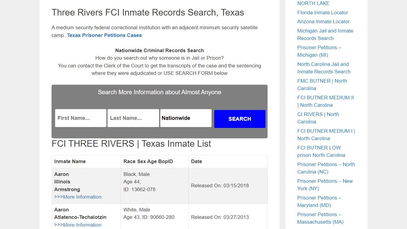 FCI THREE RIVERS | Texas – Inmate Releases