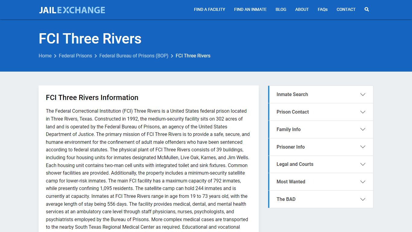 Federal Inmate Search - FCI Three Rivers - Jail Exchange