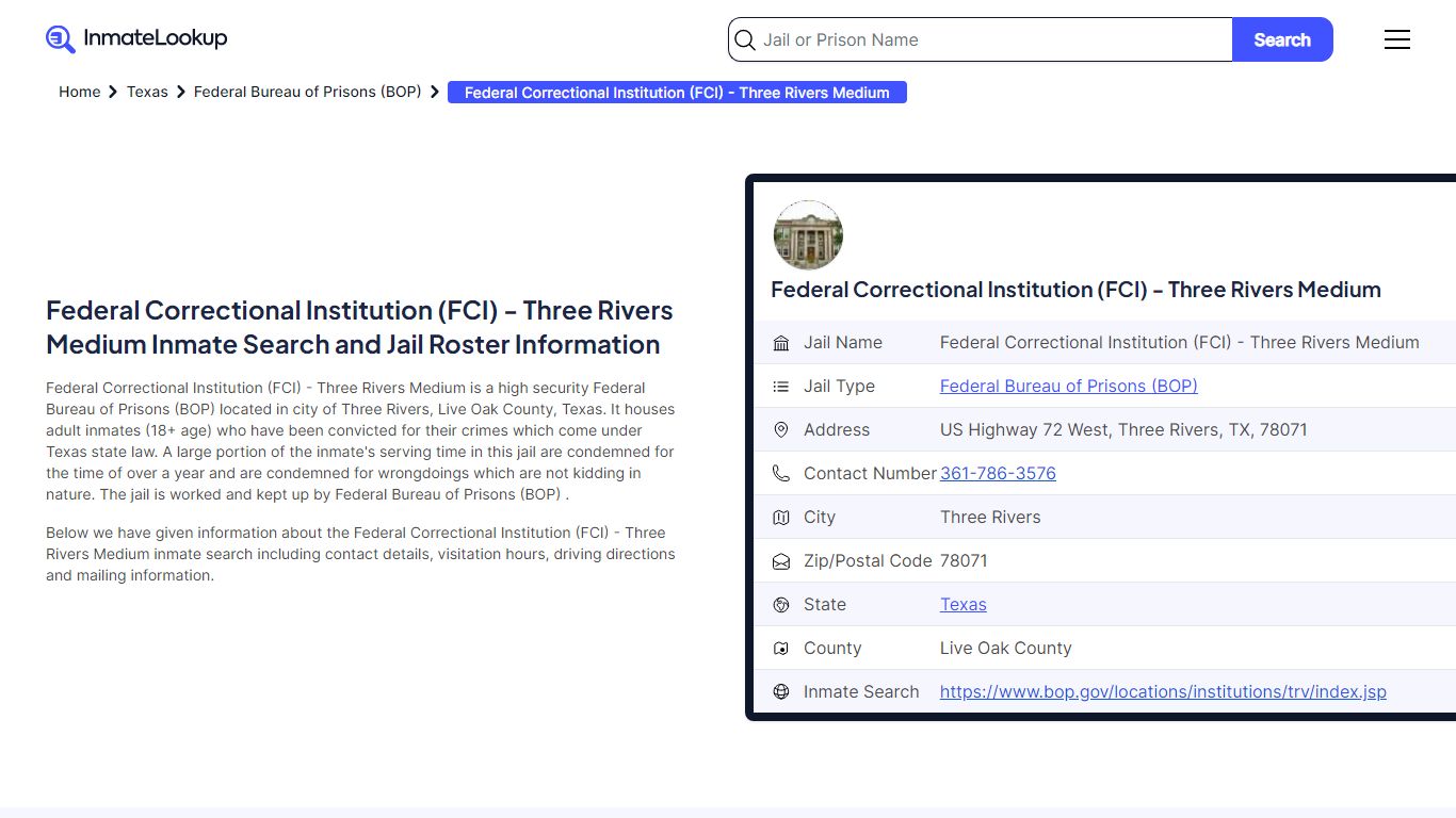 Federal Correctional Institution (FCI) - Three Rivers Medium Inmate ...